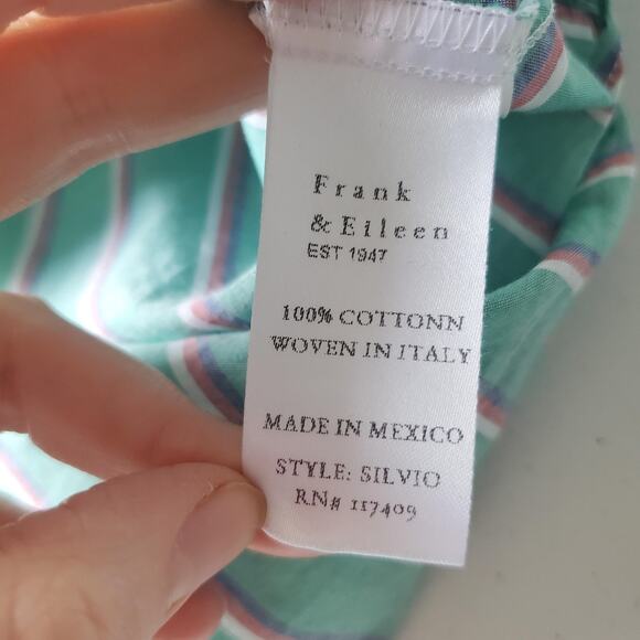 Frank & Eileen Shirt Womens Small Green Stripe Silvio Button Front Cotton - Picture 8 of 11